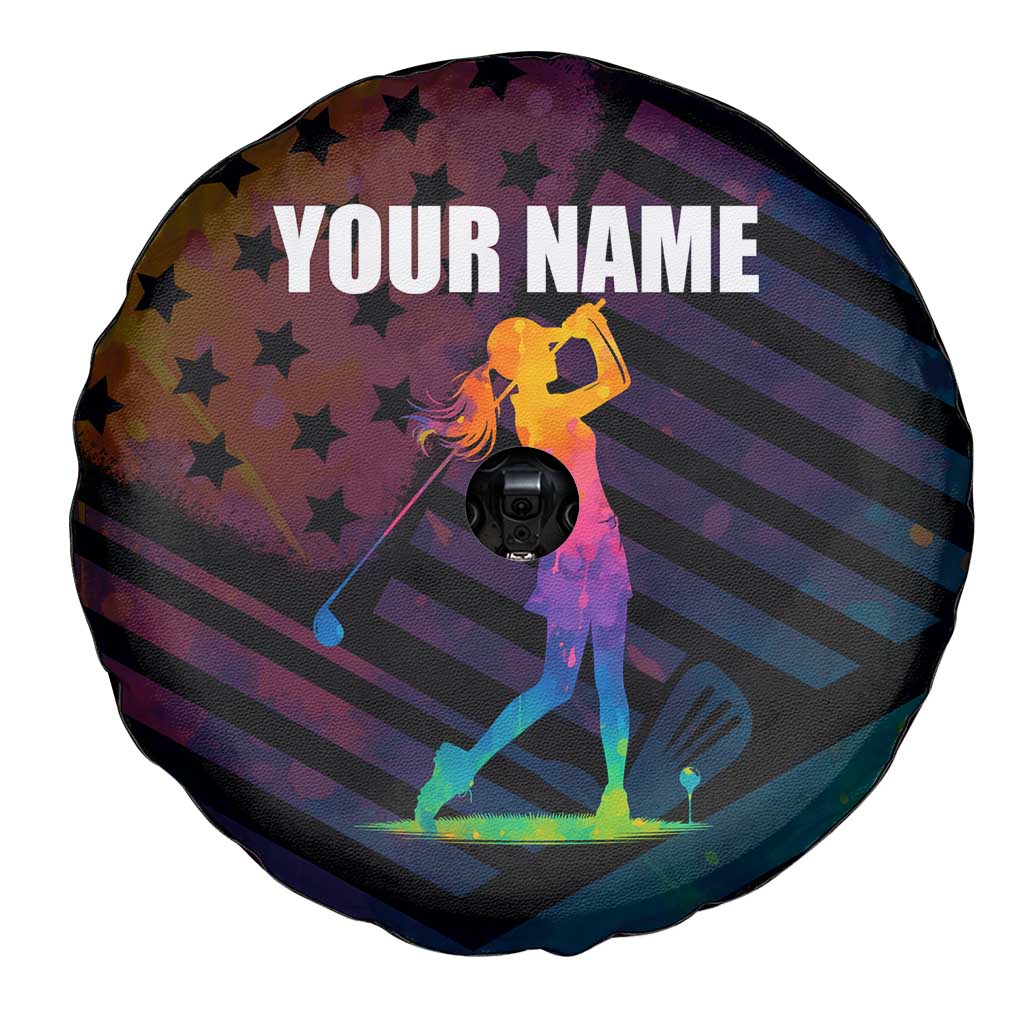 Colorful Golf Spare Tire Cover Watercolor American Flag Female Golfer Silhouette in Rainbow Gradient TS04