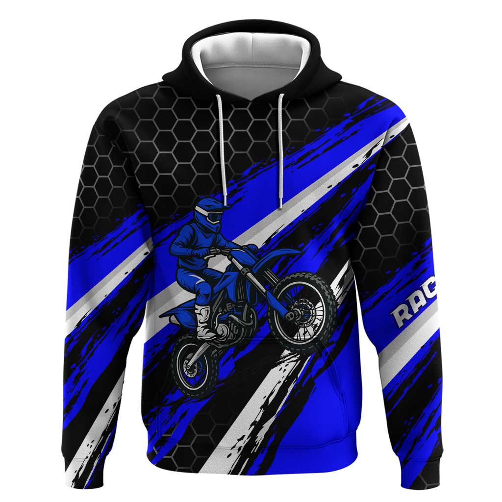 Custom Blue Motocross Hoodie with Dirt Bike Rider Graphic Design on Honeycomb Pattern TS04