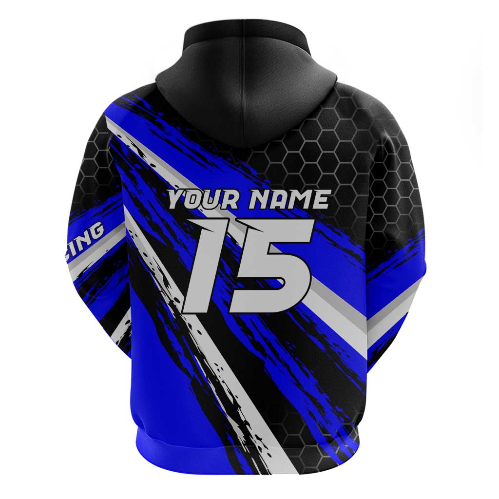 Custom Blue Motocross Hoodie with Dirt Bike Rider Graphic Design on Honeycomb Pattern TS04
