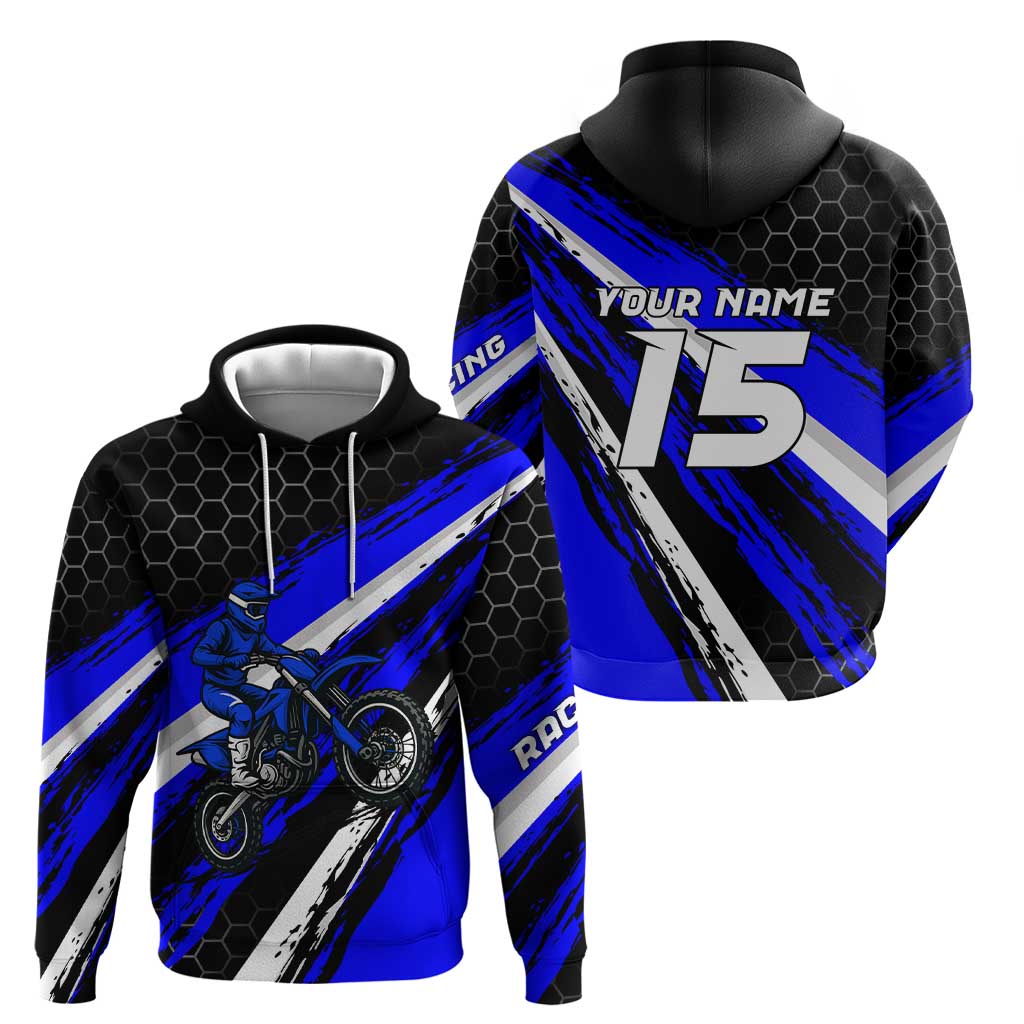 Custom Blue Motocross Hoodie with Dirt Bike Rider Graphic Design on Honeycomb Pattern TS04