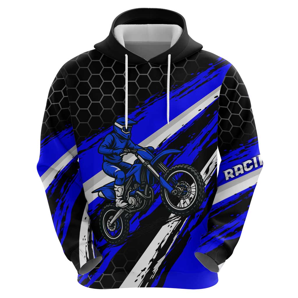 Custom Blue Motocross Hoodie with Dirt Bike Rider Graphic Design on Honeycomb Pattern TS04