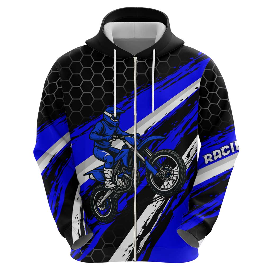 Custom Blue Motocross Hoodie with Dirt Bike Rider Graphic Design on Honeycomb Pattern TS04