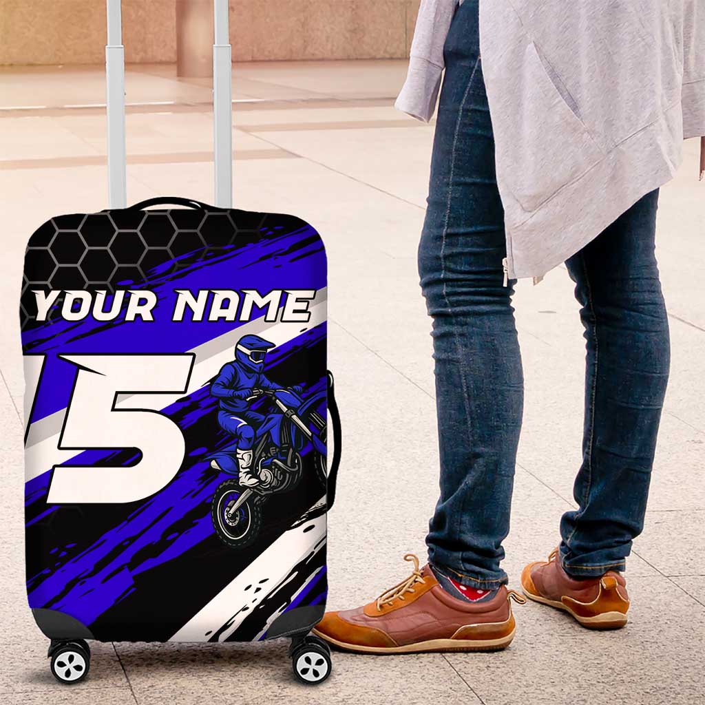 Custom Blue Motocross Luggage Cover with Dirt Bike Rider Graphic Design on Honeycomb Pattern TS04