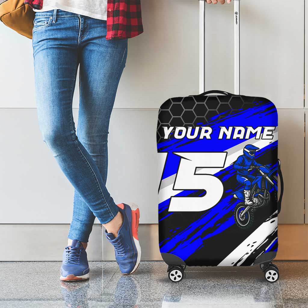 Custom Blue Motocross Luggage Cover with Dirt Bike Rider Graphic Design on Honeycomb Pattern TS04