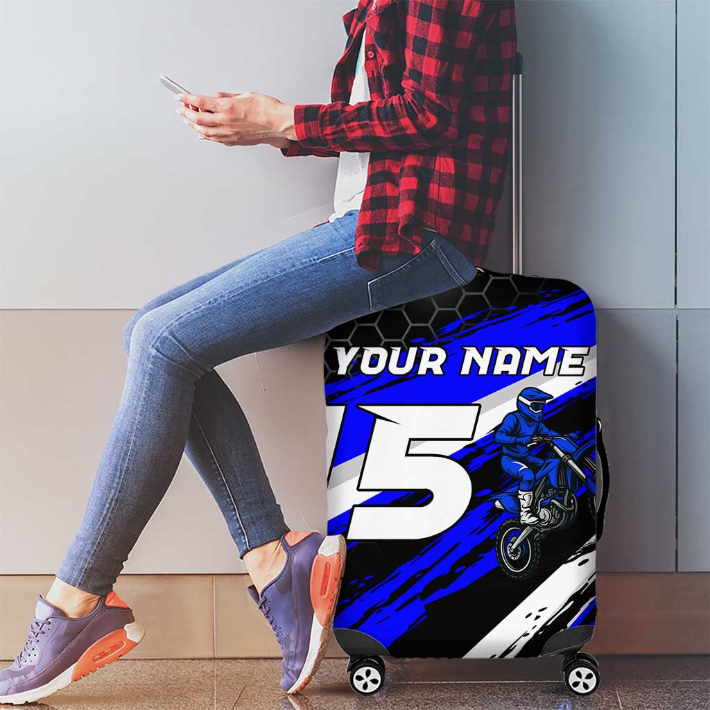 Custom Blue Motocross Luggage Cover with Dirt Bike Rider Graphic Design on Honeycomb Pattern TS04