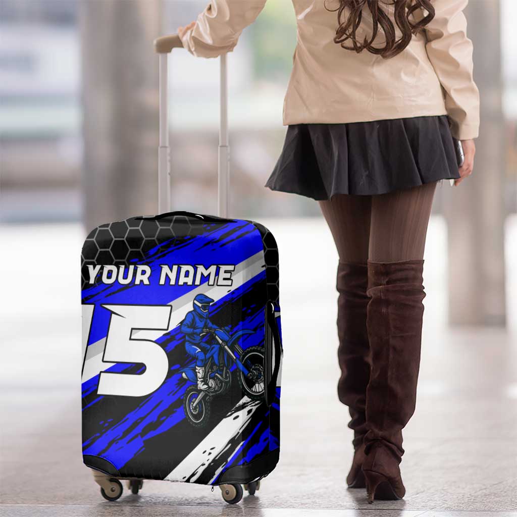 Custom Blue Motocross Luggage Cover with Dirt Bike Rider Graphic Design on Honeycomb Pattern TS04