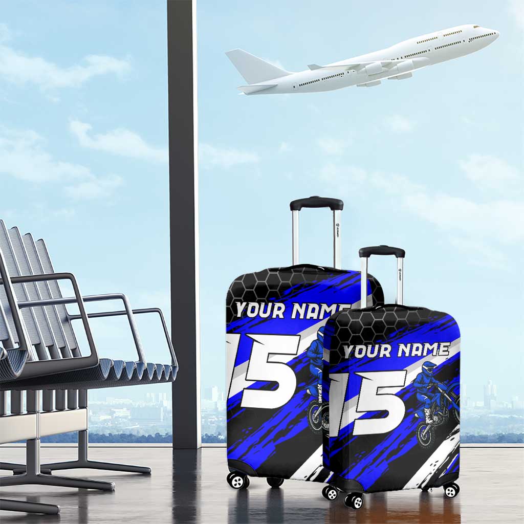 Custom Blue Motocross Luggage Cover with Dirt Bike Rider Graphic Design on Honeycomb Pattern TS04