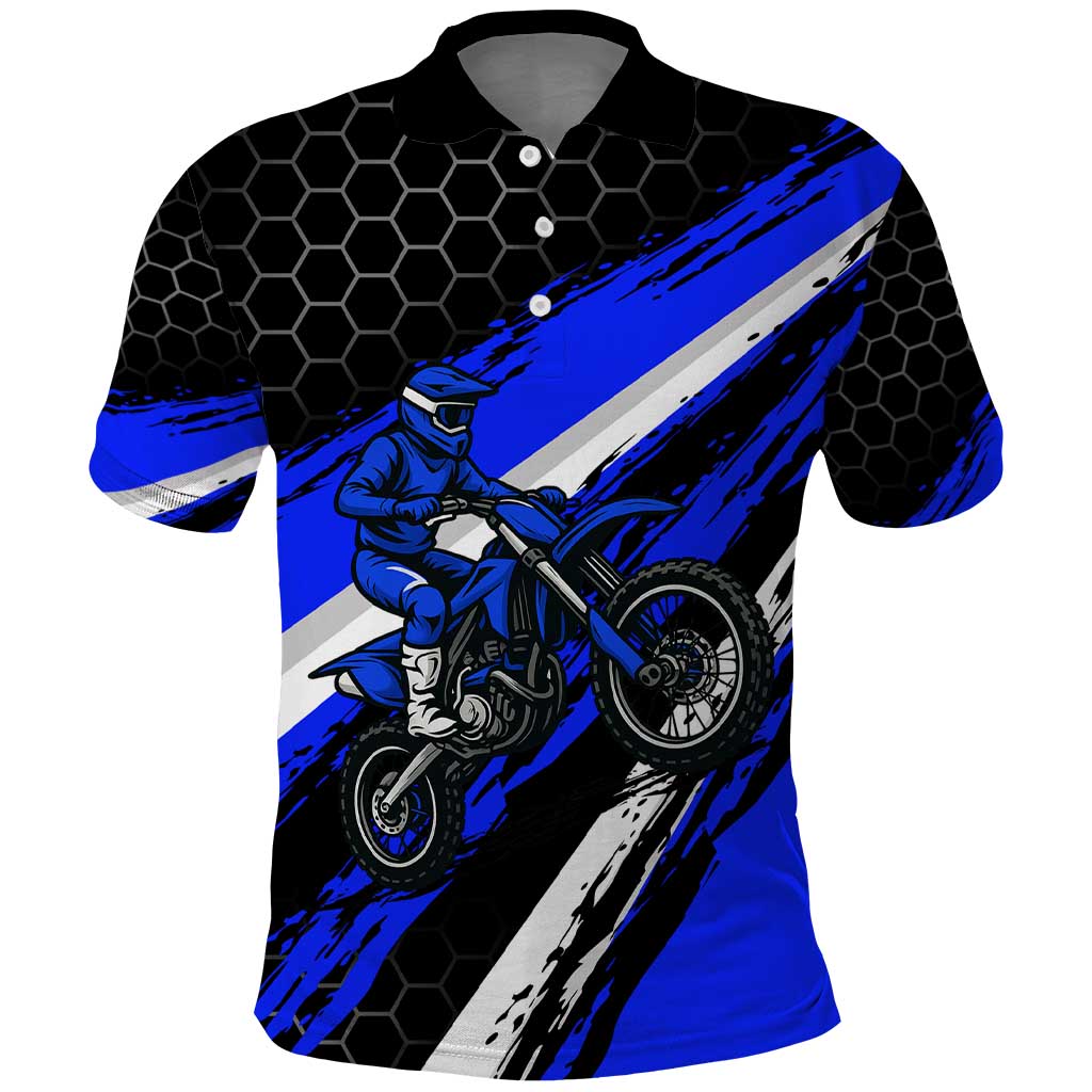 Custom Blue Motocross Polo Shirt with Dirt Bike Rider Graphic Design on Honeycomb Pattern TS04