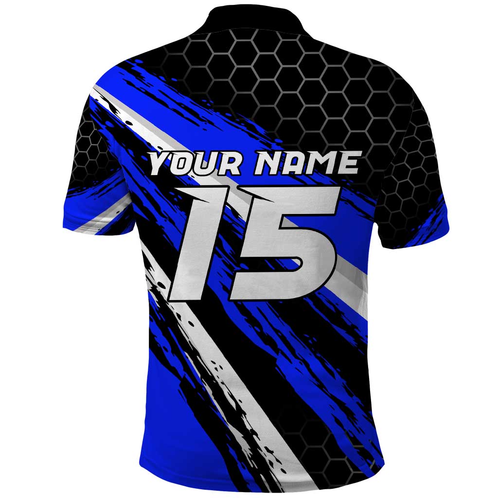 Custom Blue Motocross Polo Shirt with Dirt Bike Rider Graphic Design on Honeycomb Pattern TS04