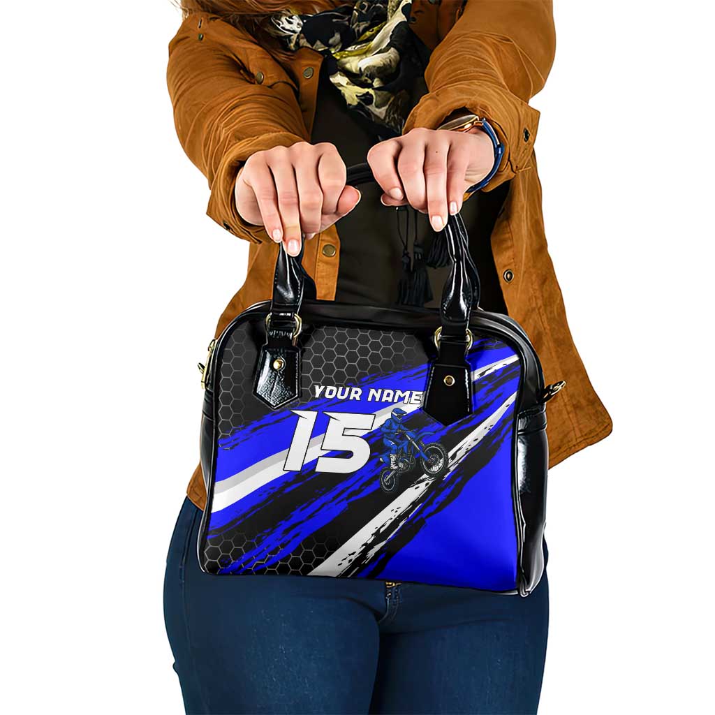 Custom Blue Motocross Shoulder Handbag with Dirt Bike Rider Graphic Design on Honeycomb Pattern TS04