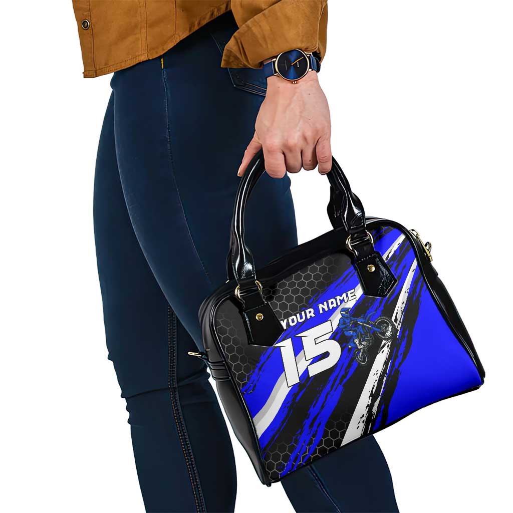 Custom Blue Motocross Shoulder Handbag with Dirt Bike Rider Graphic Design on Honeycomb Pattern TS04