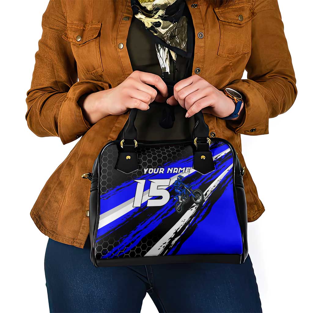 Custom Blue Motocross Shoulder Handbag with Dirt Bike Rider Graphic Design on Honeycomb Pattern TS04