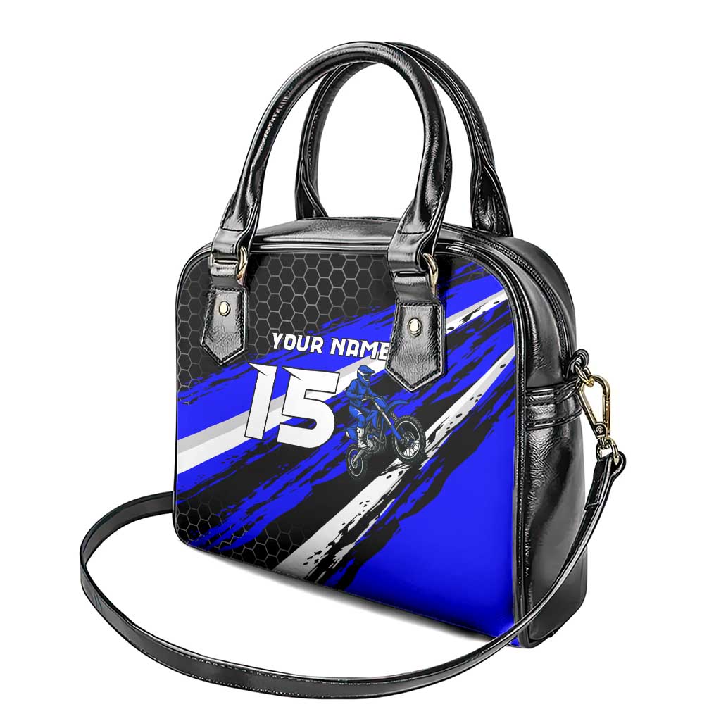 Custom Blue Motocross Shoulder Handbag with Dirt Bike Rider Graphic Design on Honeycomb Pattern TS04