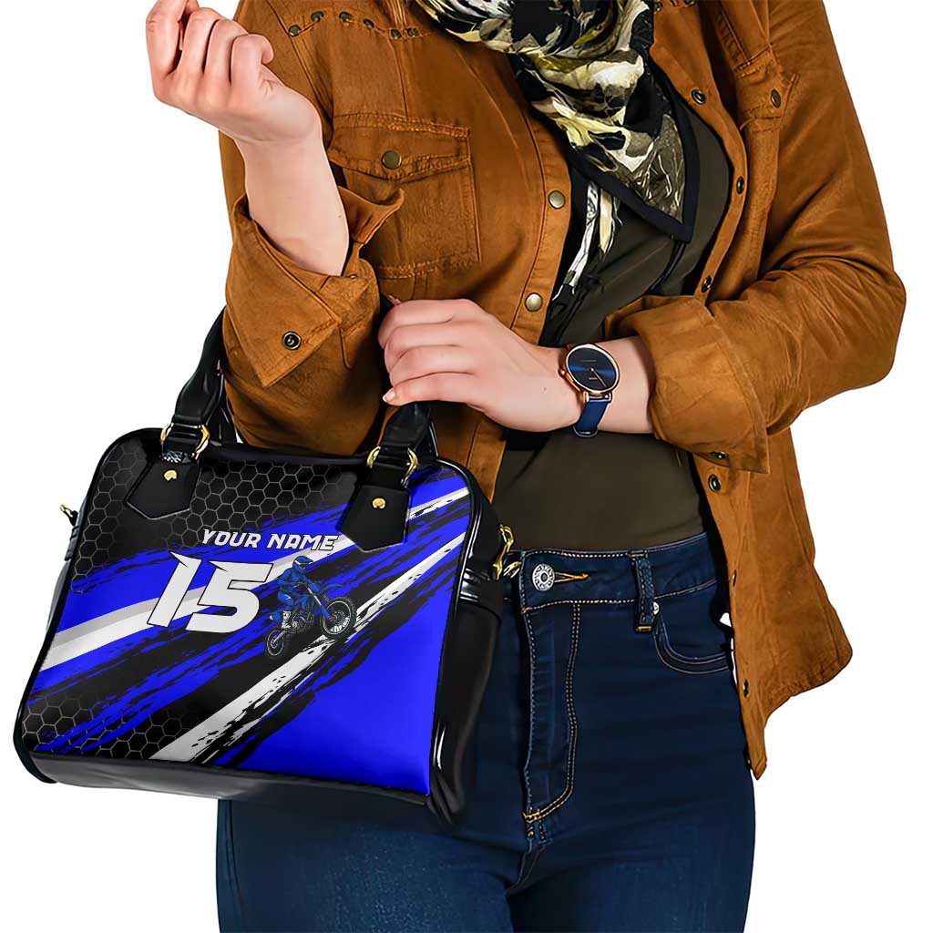 Custom Blue Motocross Shoulder Handbag with Dirt Bike Rider Graphic Design on Honeycomb Pattern TS04