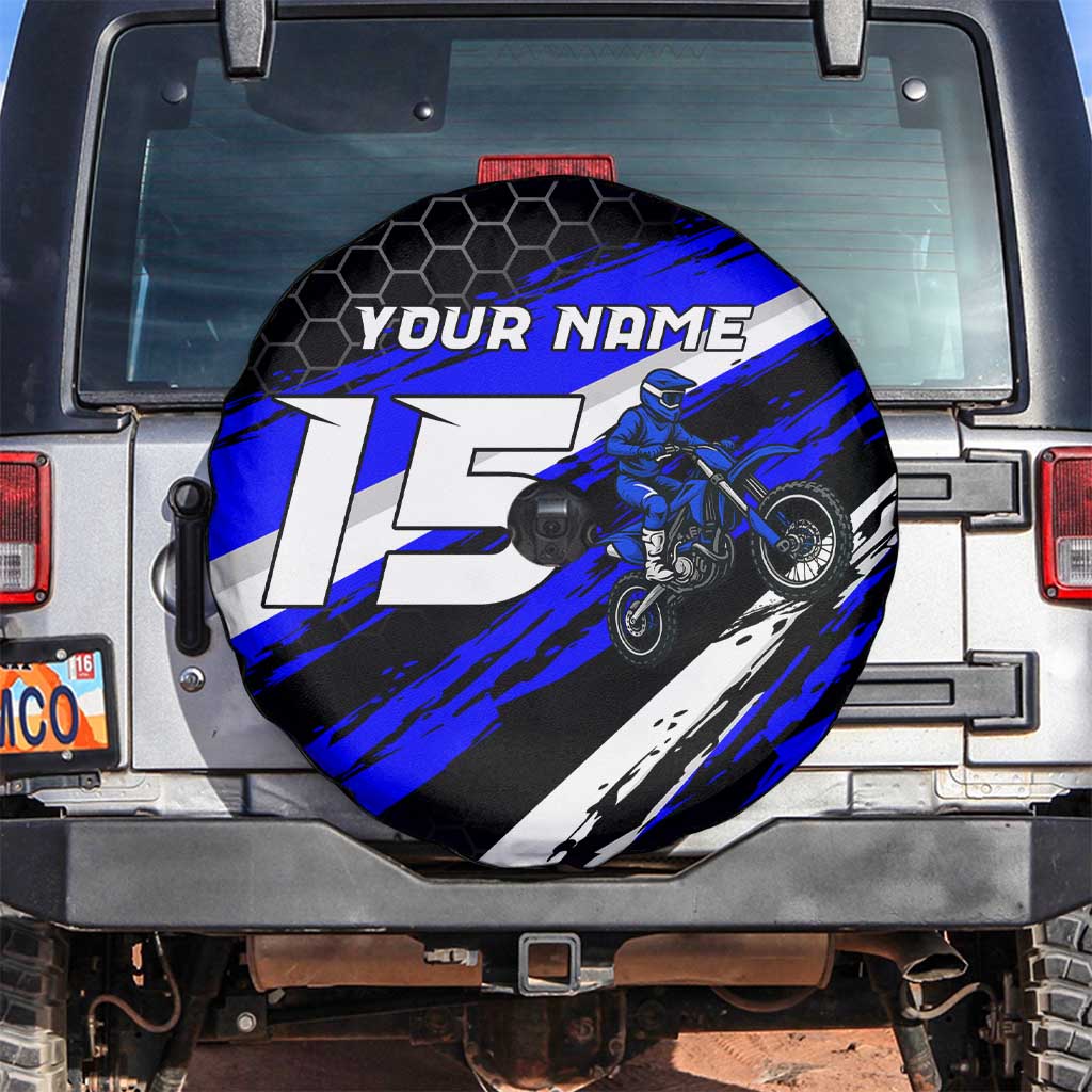 Custom Blue Motocross Spare Tire Cover with Dirt Bike Rider Graphic Design on Honeycomb Pattern TS04
