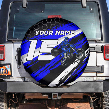 Custom Blue Motocross Spare Tire Cover with Dirt Bike Rider Graphic Design on Honeycomb Pattern TS04