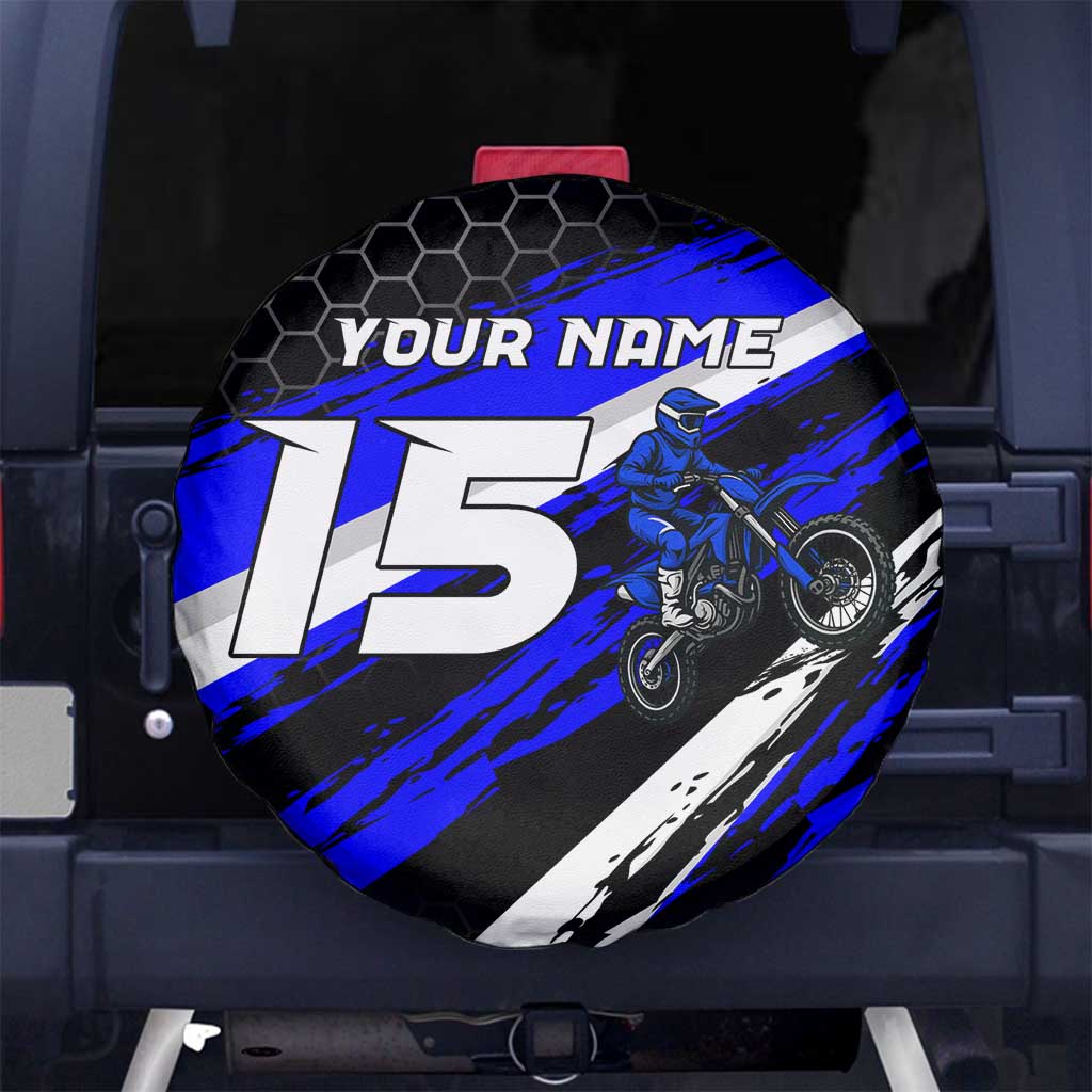 Custom Blue Motocross Spare Tire Cover with Dirt Bike Rider Graphic Design on Honeycomb Pattern TS04