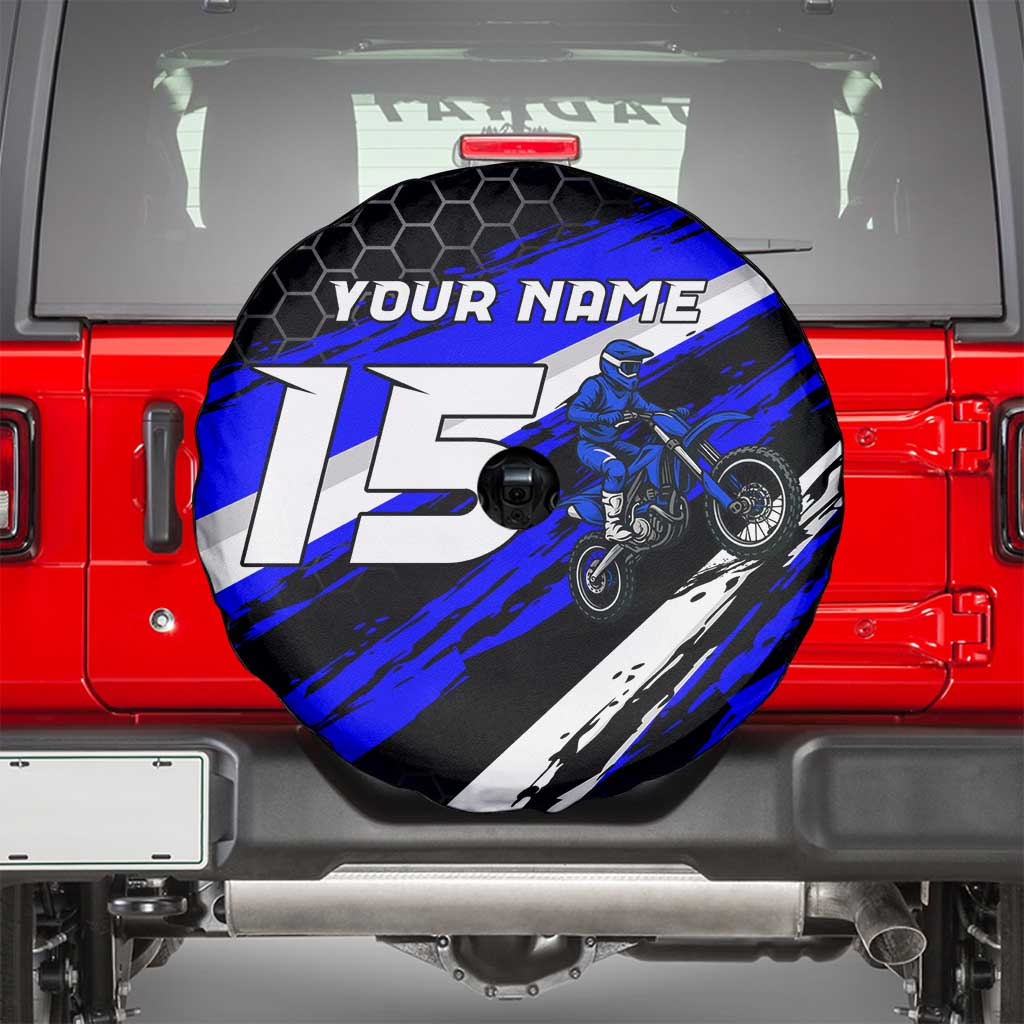 Custom Blue Motocross Spare Tire Cover with Dirt Bike Rider Graphic Design on Honeycomb Pattern TS04