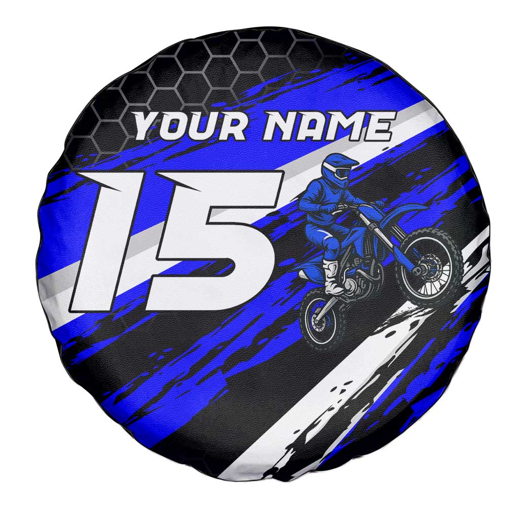 Custom Blue Motocross Spare Tire Cover with Dirt Bike Rider Graphic Design on Honeycomb Pattern TS04