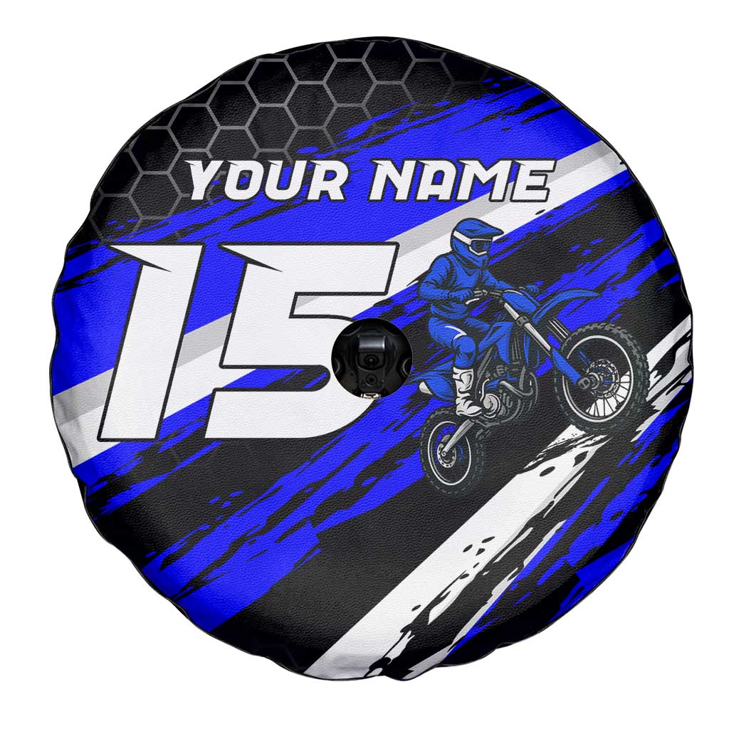 Custom Blue Motocross Spare Tire Cover with Dirt Bike Rider Graphic Design on Honeycomb Pattern TS04