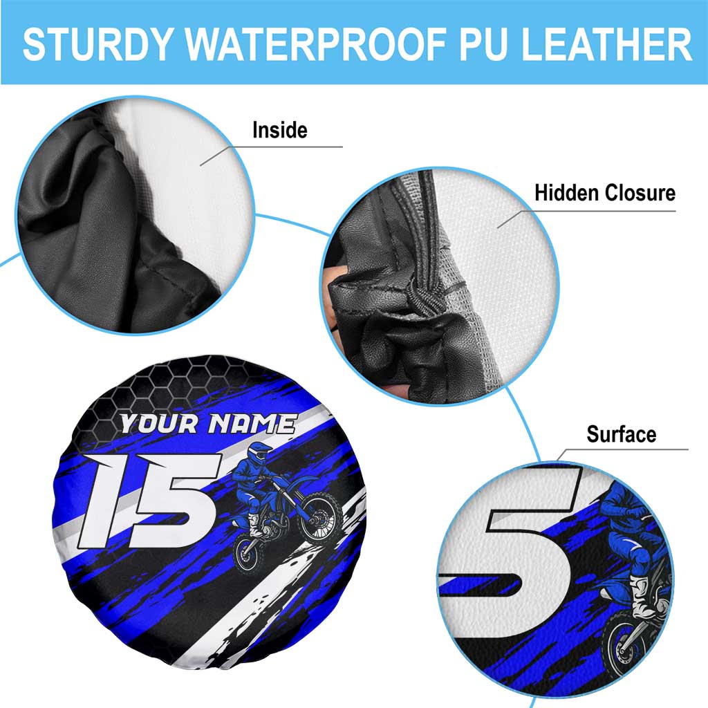 Custom Blue Motocross Spare Tire Cover with Dirt Bike Rider Graphic Design on Honeycomb Pattern TS04