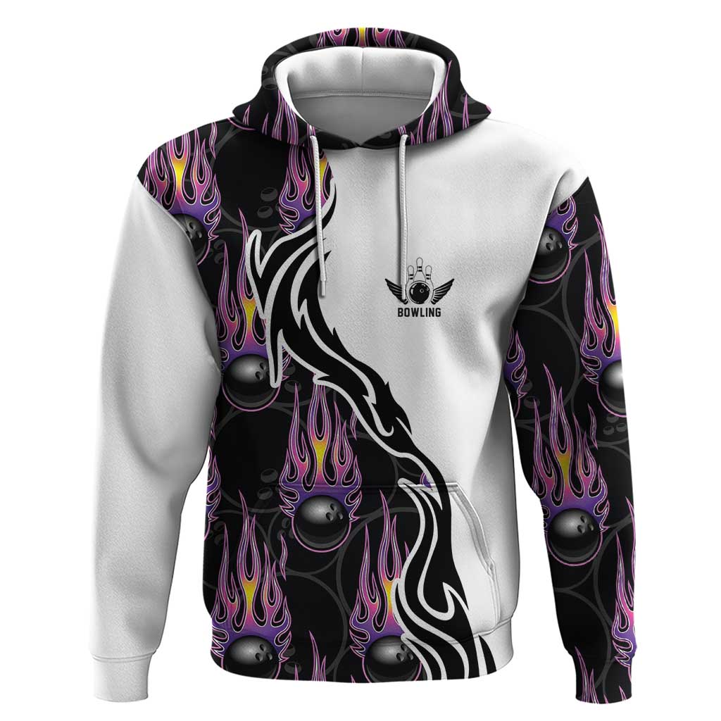 Custom Bowling Team Graphic Hoodie with Flaming Ball Design in Black White and Purple Flame Pattern TS04