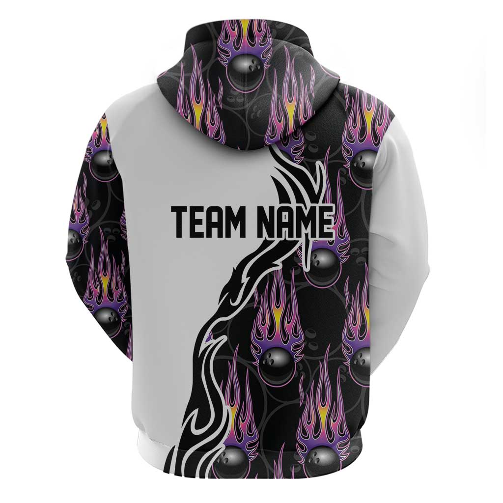 Custom Bowling Team Graphic Hoodie with Flaming Ball Design in Black White and Purple Flame Pattern TS04