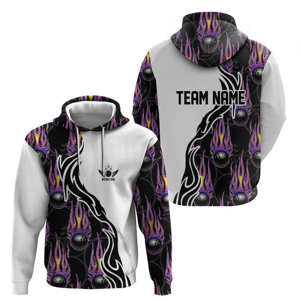Custom Bowling Team Graphic Hoodie with Flaming Ball Design in Black White and Purple Flame Pattern TS04
