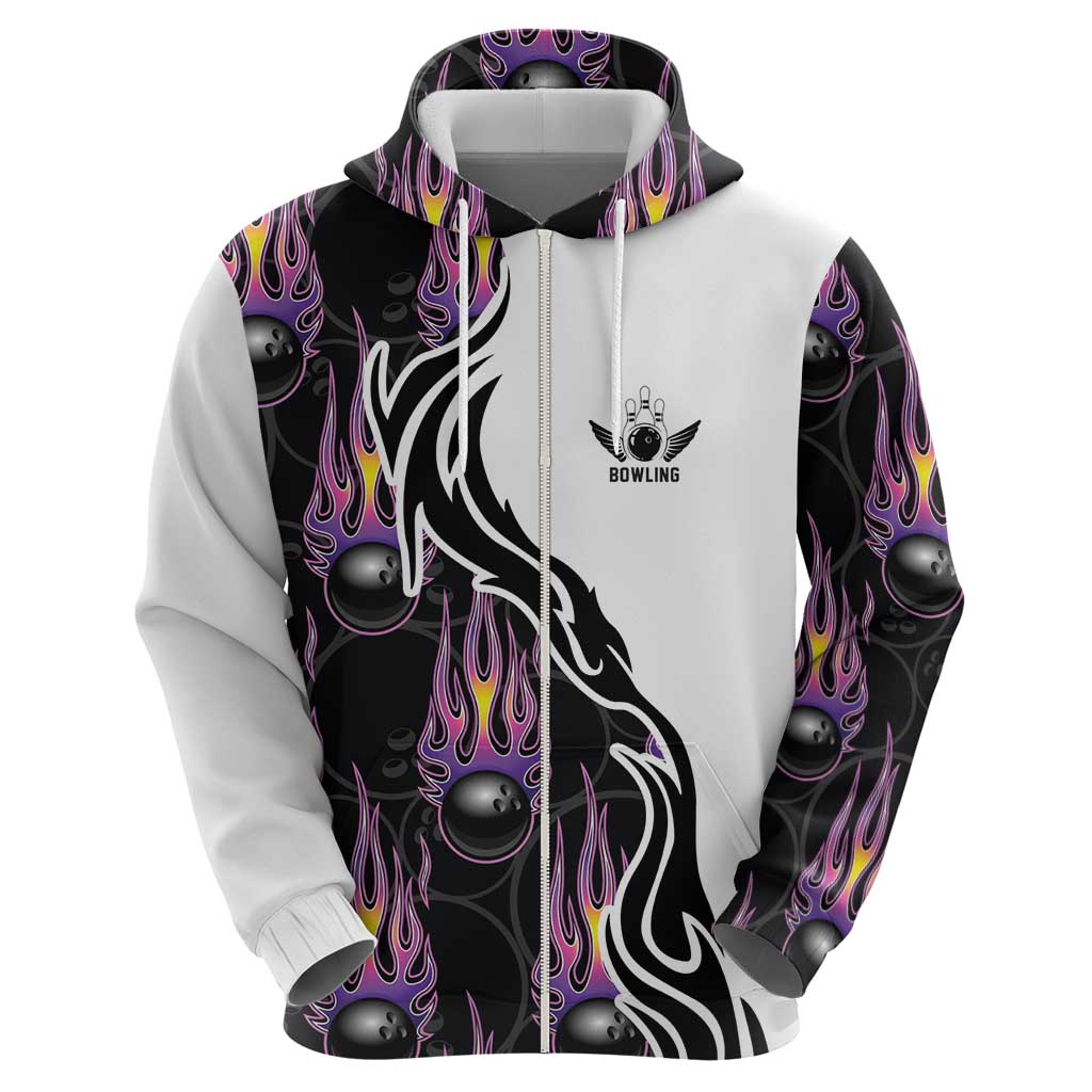 Custom Bowling Team Graphic Hoodie with Flaming Ball Design in Black White and Purple Flame Pattern TS04