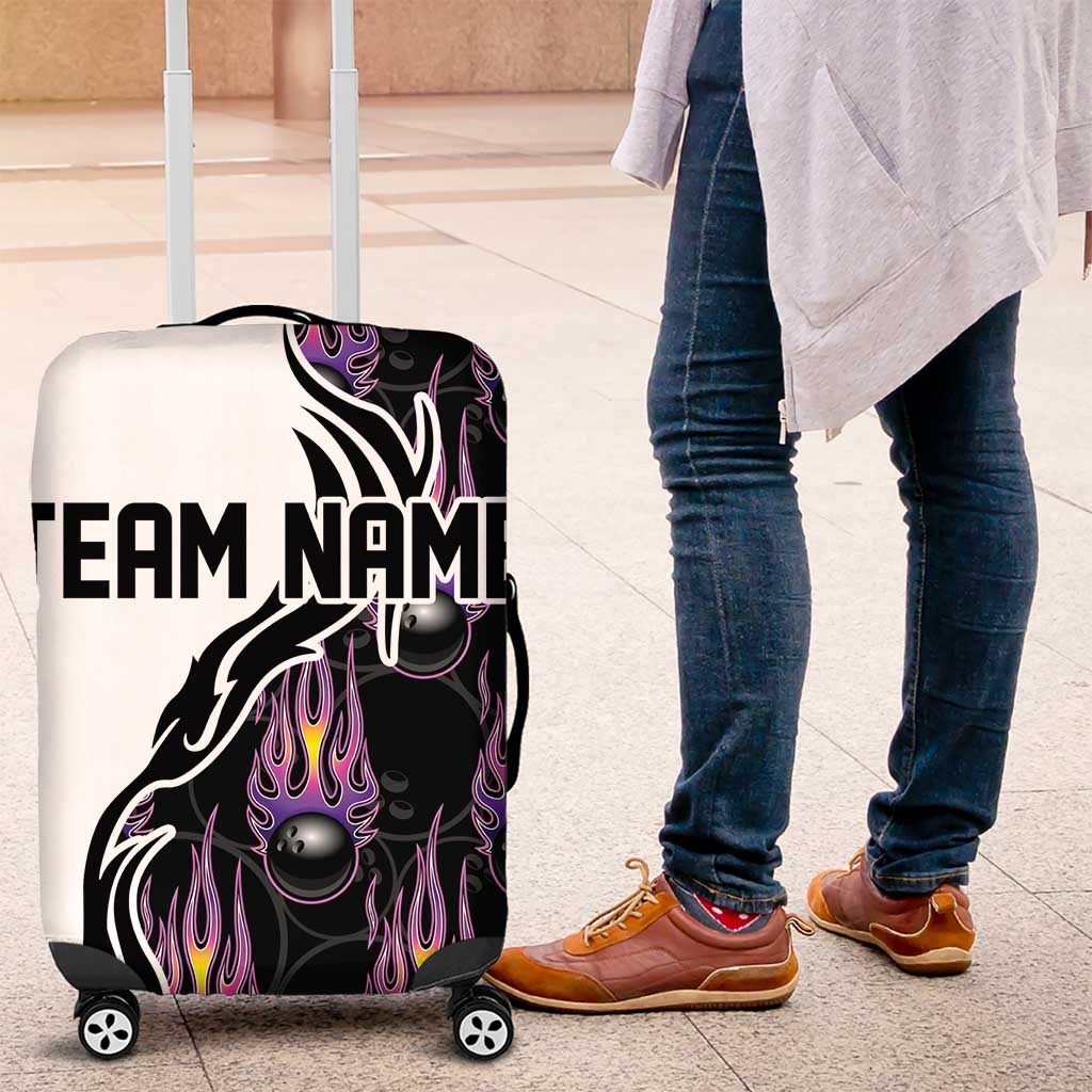Custom Bowling Team Graphic Luggage Cover with Flaming Ball Design in Black White and Purple Flame Pattern TS04