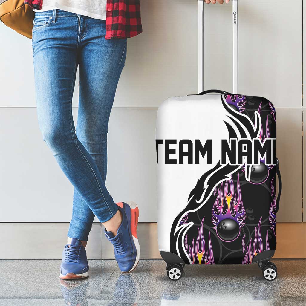 Custom Bowling Team Graphic Luggage Cover with Flaming Ball Design in Black White and Purple Flame Pattern TS04
