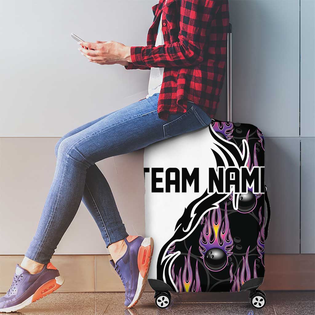 Custom Bowling Team Graphic Luggage Cover with Flaming Ball Design in Black White and Purple Flame Pattern TS04