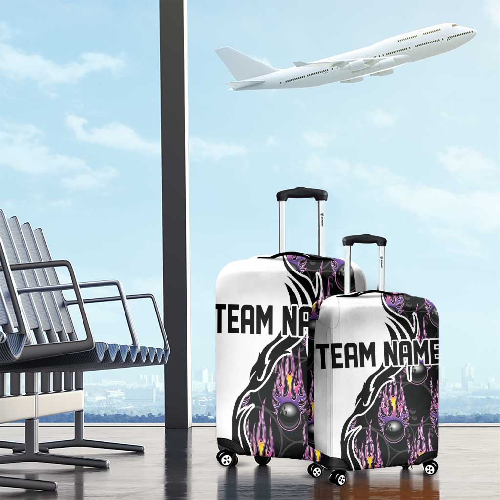 Custom Bowling Team Graphic Luggage Cover with Flaming Ball Design in Black White and Purple Flame Pattern TS04