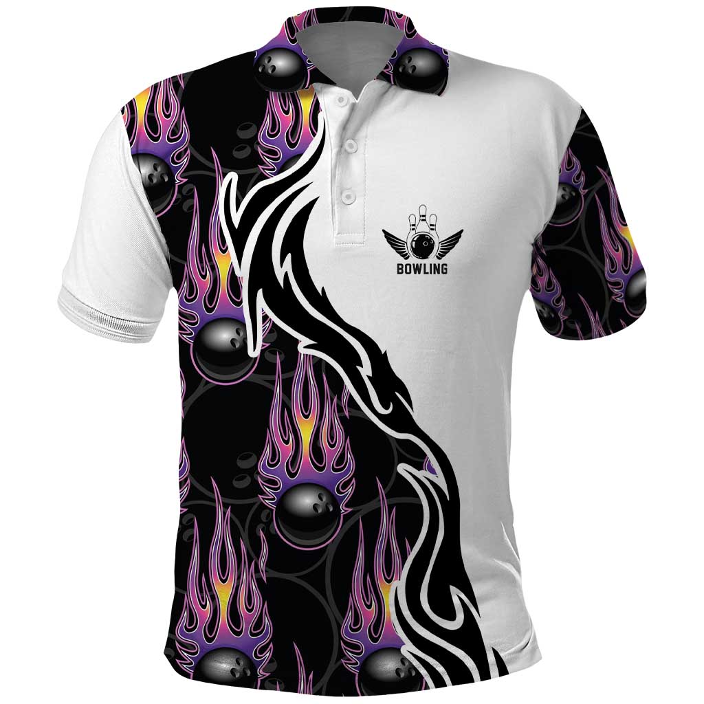 Custom Bowling Team Graphic Polo Shirt with Flaming Ball Design in Black White and Purple Flame Pattern TS04