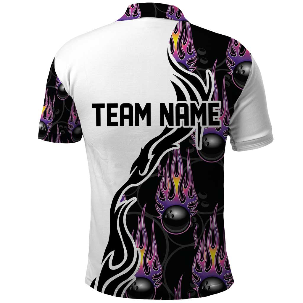Custom Bowling Team Graphic Polo Shirt with Flaming Ball Design in Black White and Purple Flame Pattern TS04
