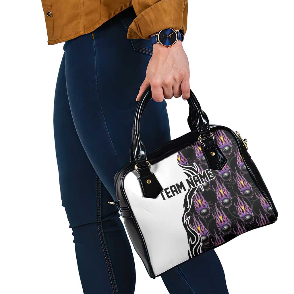 Custom Bowling Team Graphic Shoulder Handbag with Flaming Ball Design in Black White and Purple Flame Pattern TS04