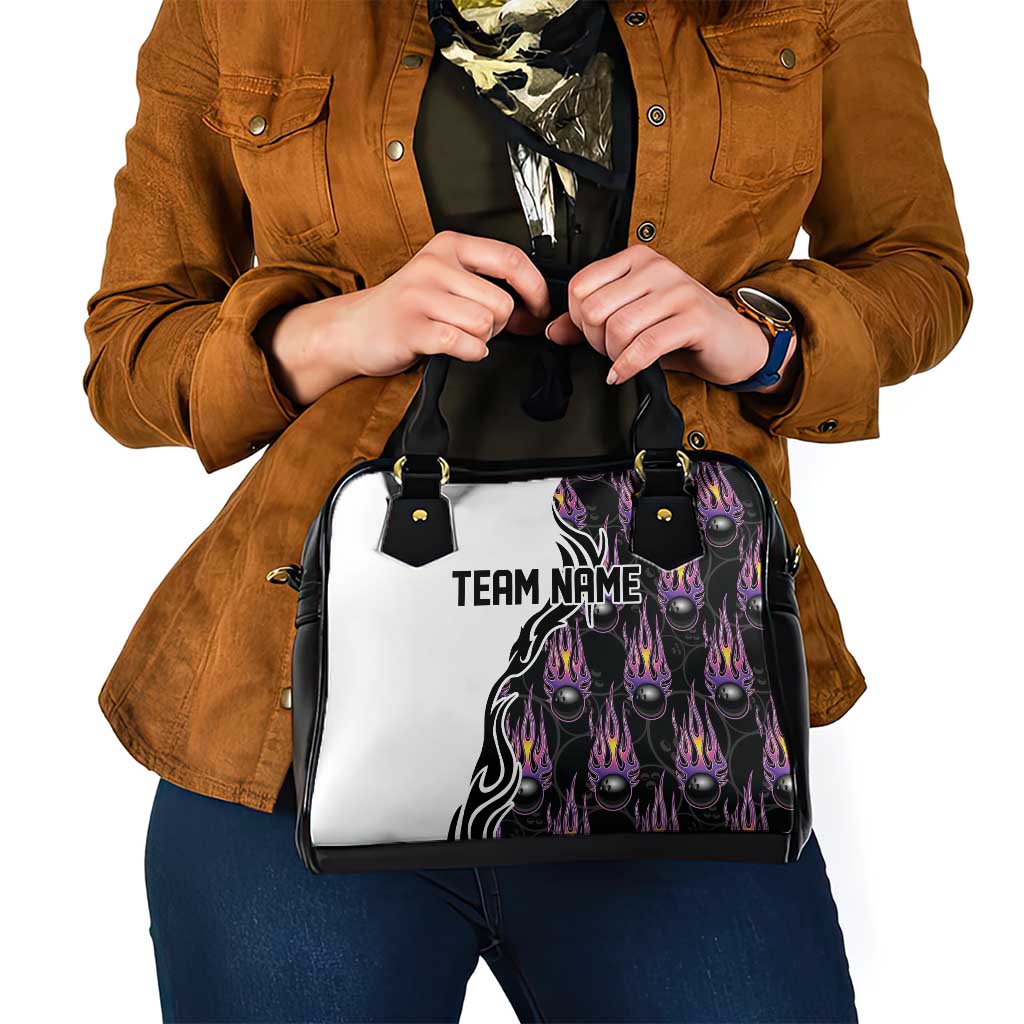 Custom Bowling Team Graphic Shoulder Handbag with Flaming Ball Design in Black White and Purple Flame Pattern TS04