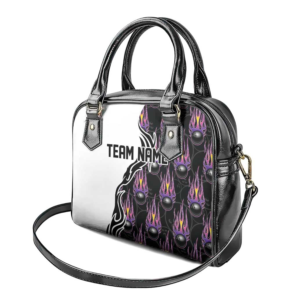 Custom Bowling Team Graphic Shoulder Handbag with Flaming Ball Design in Black White and Purple Flame Pattern TS04