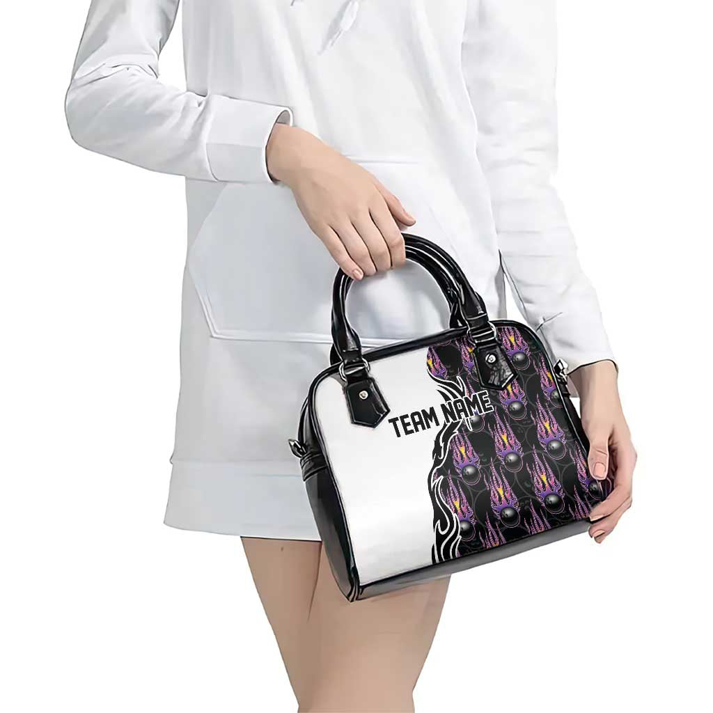 Custom Bowling Team Graphic Shoulder Handbag with Flaming Ball Design in Black White and Purple Flame Pattern TS04
