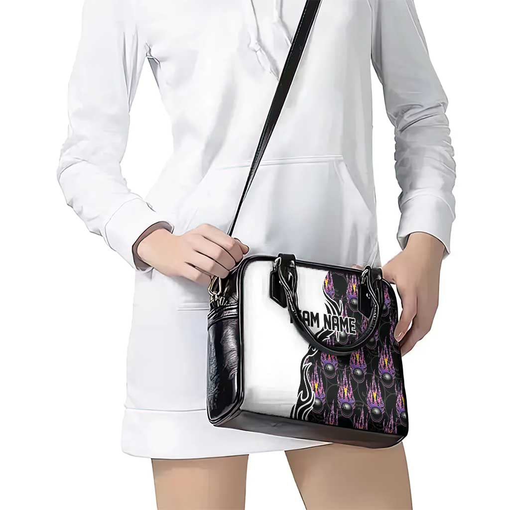 Custom Bowling Team Graphic Shoulder Handbag with Flaming Ball Design in Black White and Purple Flame Pattern TS04