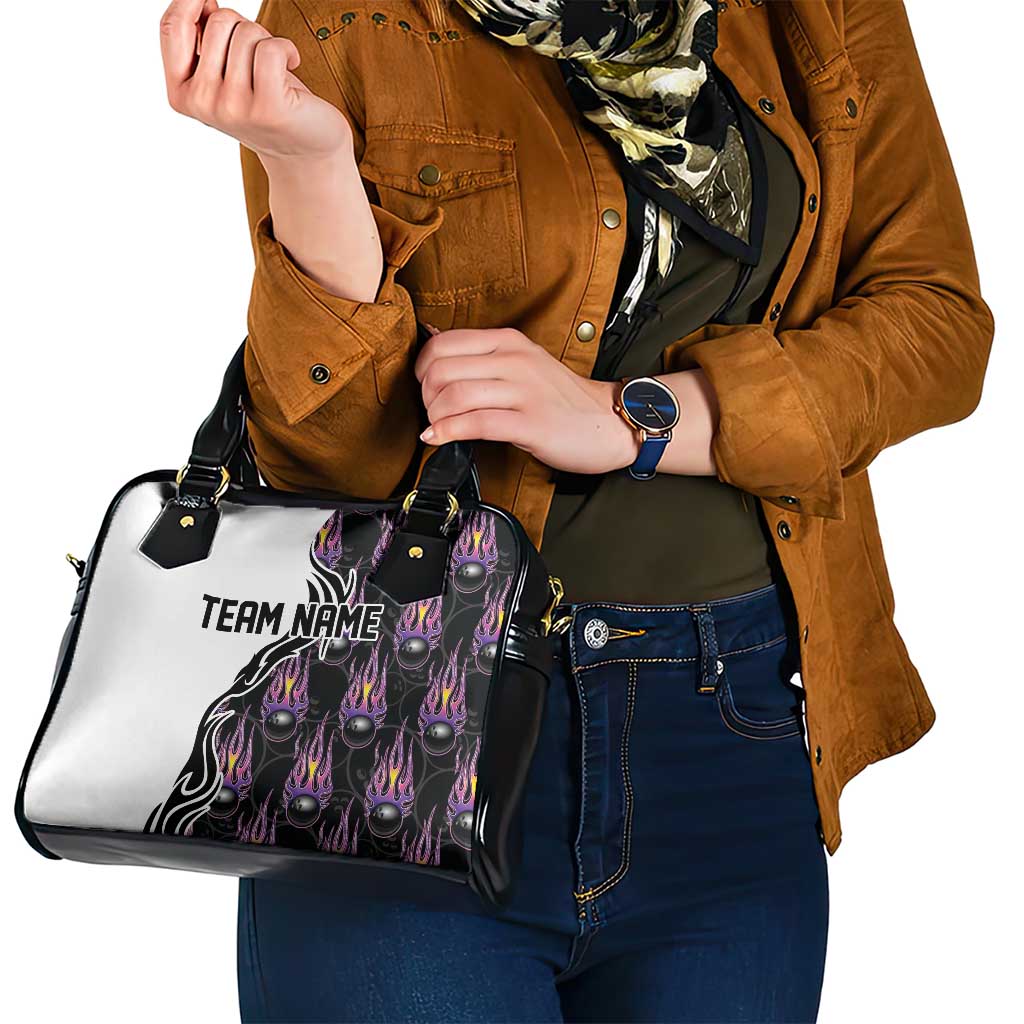 Custom Bowling Team Graphic Shoulder Handbag with Flaming Ball Design in Black White and Purple Flame Pattern TS04