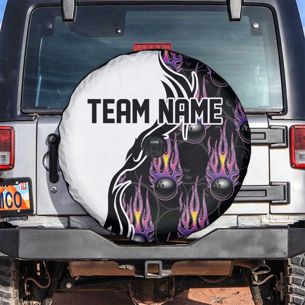Custom Bowling Team Graphic Spare Tire Cover with Flaming Ball Design in Black White and Purple Flame Pattern TS04