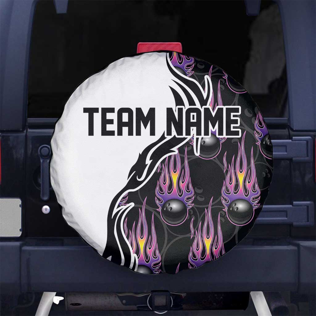 Custom Bowling Team Graphic Spare Tire Cover with Flaming Ball Design in Black White and Purple Flame Pattern TS04