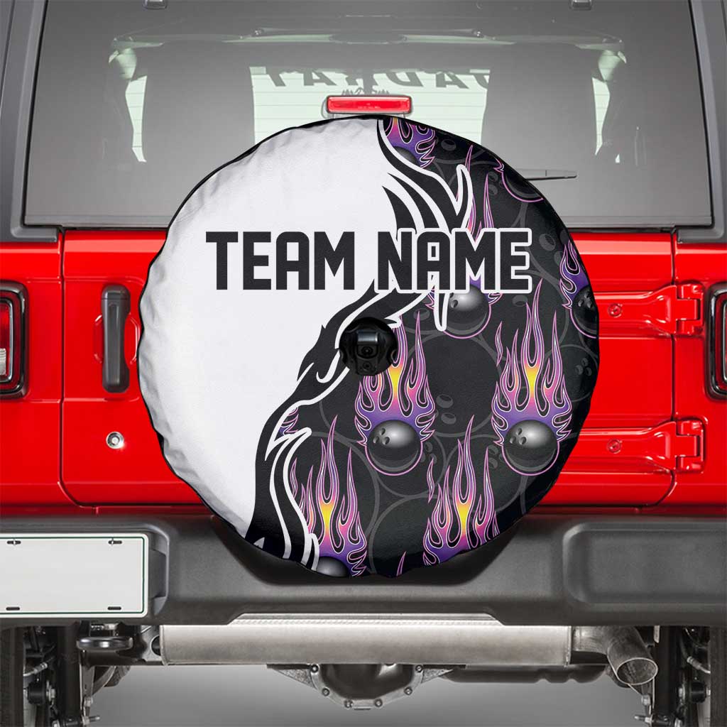 Custom Bowling Team Graphic Spare Tire Cover with Flaming Ball Design in Black White and Purple Flame Pattern TS04
