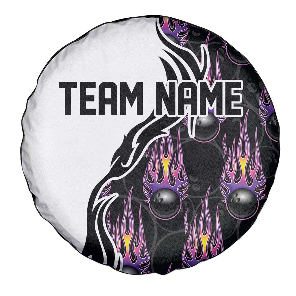 Custom Bowling Team Graphic Spare Tire Cover with Flaming Ball Design in Black White and Purple Flame Pattern TS04