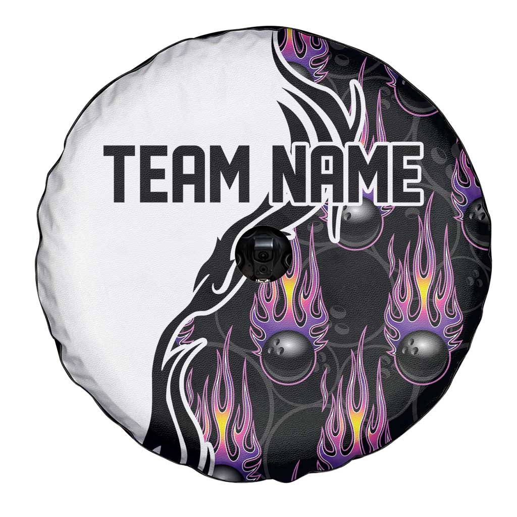 Custom Bowling Team Graphic Spare Tire Cover with Flaming Ball Design in Black White and Purple Flame Pattern TS04