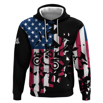 Personalized Dirt Bike Racing Hoodie Shattered American Flag and Race Checkered Patch Graphic in Red White and Blue TS04