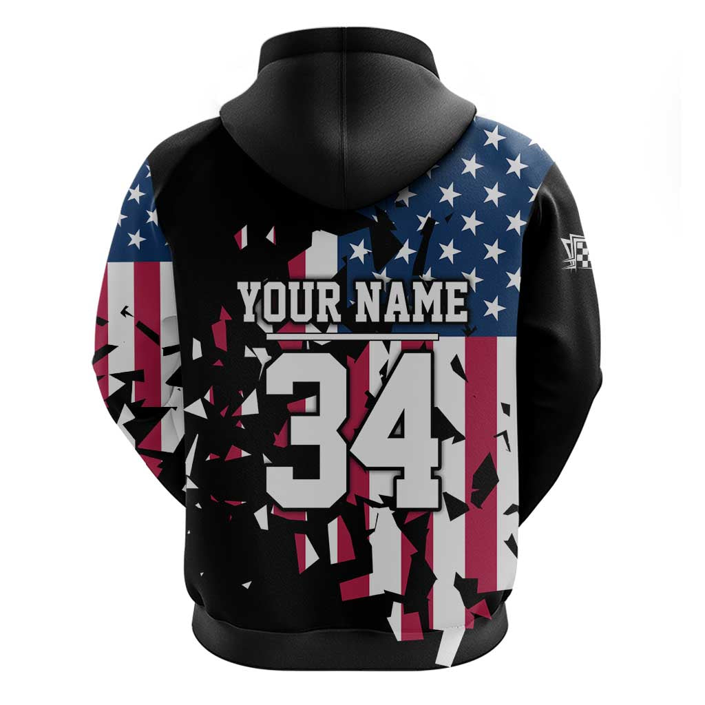 Personalized Dirt Bike Racing Hoodie Shattered American Flag and Race Checkered Patch Graphic in Red White and Blue TS04