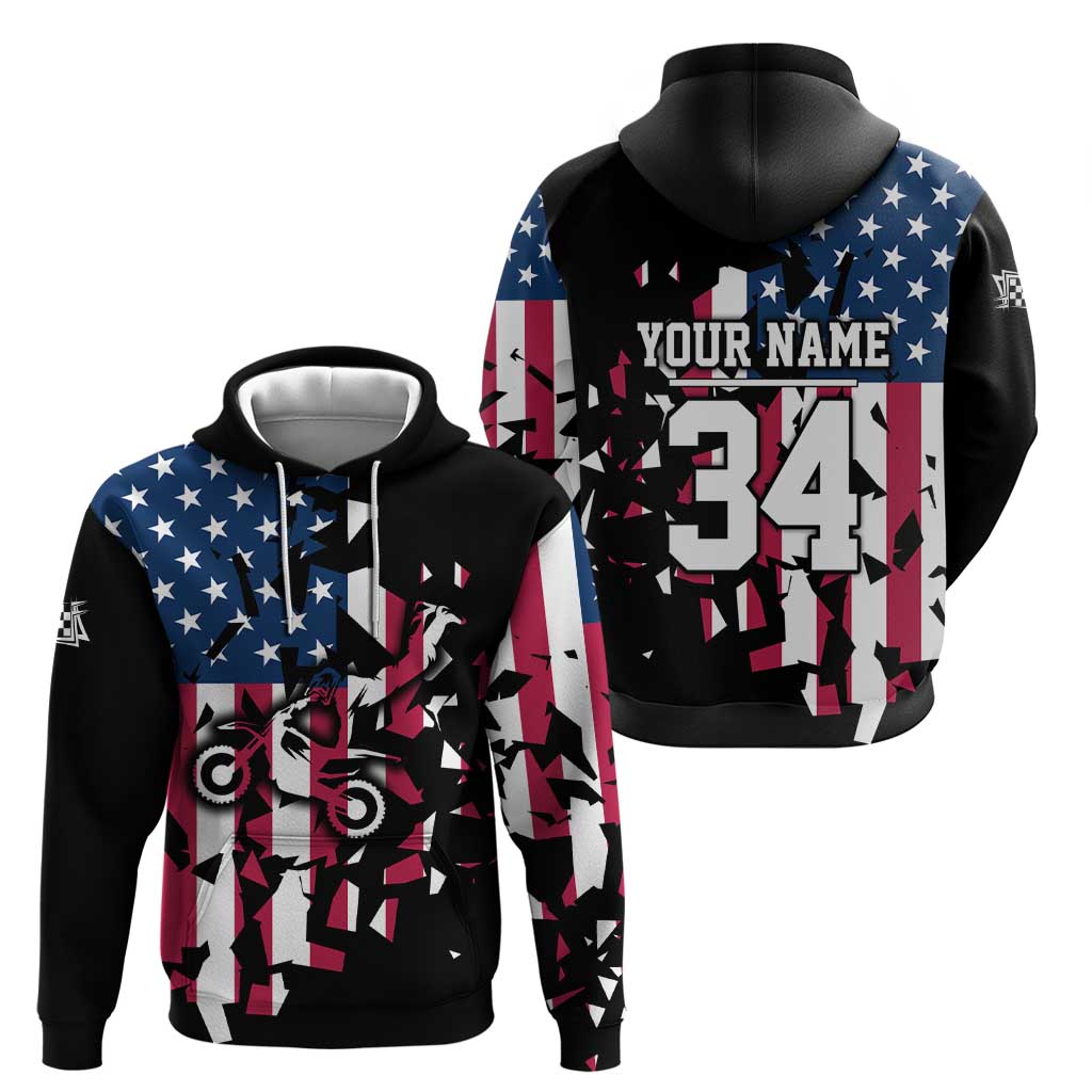 Personalized Dirt Bike Racing Hoodie Shattered American Flag and Race Checkered Patch Graphic in Red White and Blue TS04