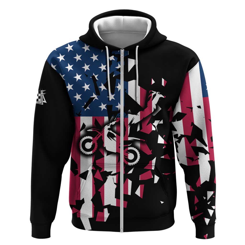 Personalized Dirt Bike Racing Hoodie Shattered American Flag and Race Checkered Patch Graphic in Red White and Blue TS04